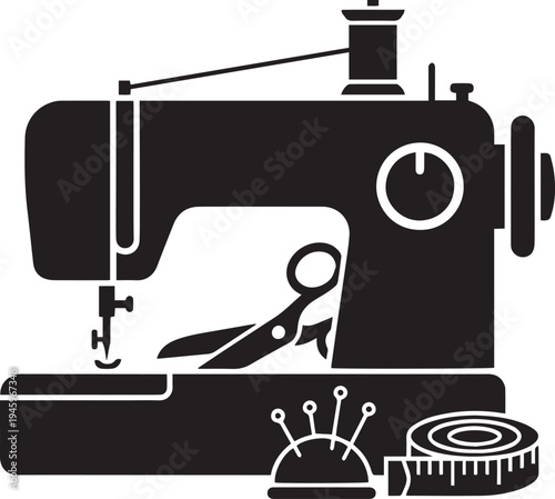 Vintage metal sewing machine and industrial needle icon vector illustration representing old technology and equipment design silhouette for business