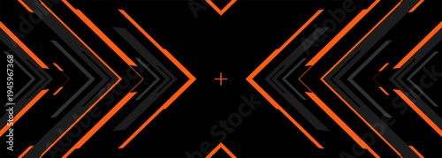 Dark chevron lines with orange glow create tunnel effect, centered cross and luminous edges evoke futuristic motion and cinematic depth, ideal for esports stage backdrop, digital interface headers, UI