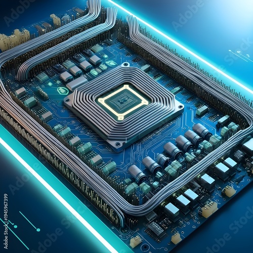 Futuristic Blue Circuit Board Technology Background with Glowing Electronic Paths and Microchip Connections, Modern Digital Tech Pattern