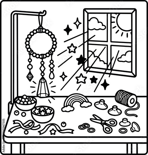 Black and white line art craft table with hanging dreamcatcher scissors beads and spool near window with sunlight and stars shining vector illustration