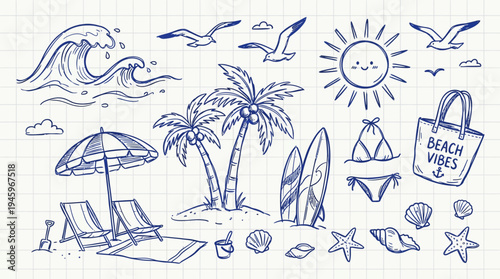 Summer Beach Vibes A Hand-Drawn Doodle Collection of Sun, Surf, and Relaxation