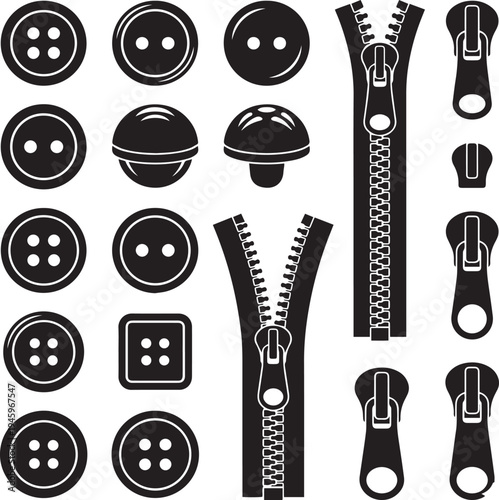 Vector illustration set of sewing accessories icons featuring a black metal zipper symbol and clothing design objects isolated on white