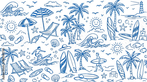 Doodle style beach scene with surfboards, palm trees, beach chairs, and waves perfect for summer vacation themes