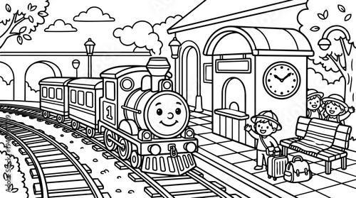 Friendly smiling steam train arriving at cartoon style station with happy children waving on platform waiting with luggage and backpacks
