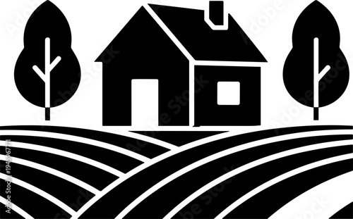 Flat vector illustration of rural farmhouse with chimney, symmetrical trees, cultivated farmland lines, minimalist black and white agricultural landscape design