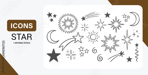 Star sticker icon set with hand drawn sketch line, crayon brush texture and cute sparkle magic elements vector.