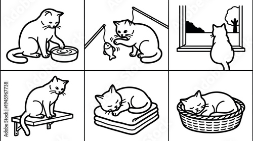 Minimalist black line art six panels showing cat drinking from bowl playing with fishing rod watching outside window sitting on shelf sleeping on towel curled up in basket
