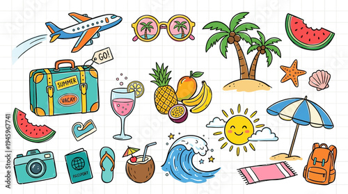 Doodle Set of Summer Vacation and Travel Icons Airplane, Suitcase, Sunglasses, Palm Trees, and Beach Essentials