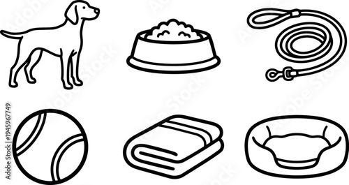 Black and white line art set of dog food bowl leash tennis ball blanket and cozy dog bed icons collection