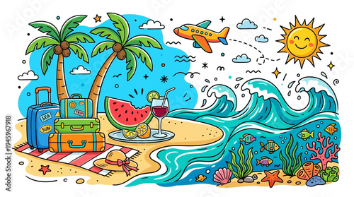 Vibrant flat vector illustration capturing the essence of a tropical summer vacation with palm trees, beach, ocean waves, and travel elements