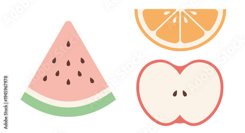 Vector fruit slices watermelon, orange, apple. Fresh and healthy food concept
