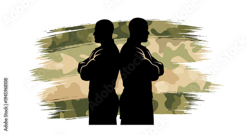 Silhouetted armed forces personnel symbolize unity and service against camouflage