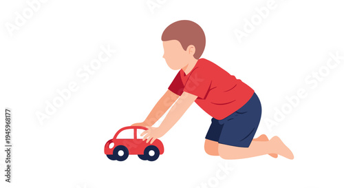 Adorable child playing on the floor, pushing a vibrant red toy car with joy and innocence