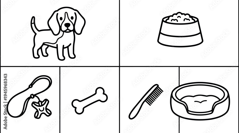 Fototapeta premium Simple black and white line art dog with bowl leash bone comb and dog bed icons set vector illustration style