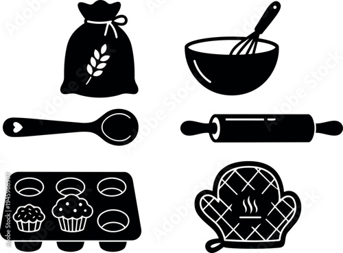 Black silhouette baking utensils set with whisk bowl rolling pin oven mitt flour sack and spoon vector icons collection