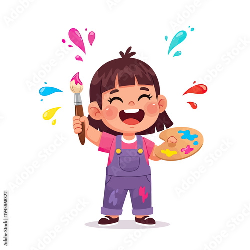 Joyful happy little girl painting with a brush and palette, enjoying creative fun and artistic expression