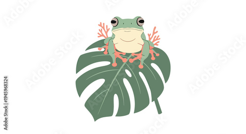 Charming Illustrated Green Frog with Coral Adornment on Tropical Leaf