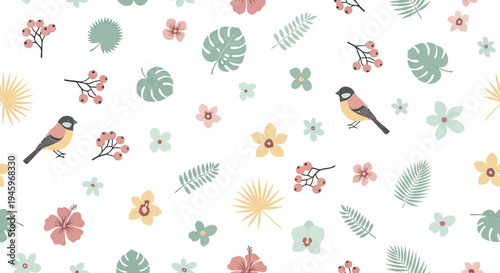Delightful botanical pattern featuring charming birds, vibrant flowers, and fresh leaves