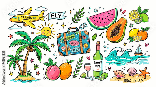Vibrant summer vacation doodles featuring tropical fruits, beach elements, and travel icons