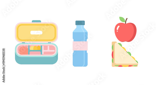 Healthy Packed Meal Essentials Lunchbox, Water, Apple, Sandwich Illustration