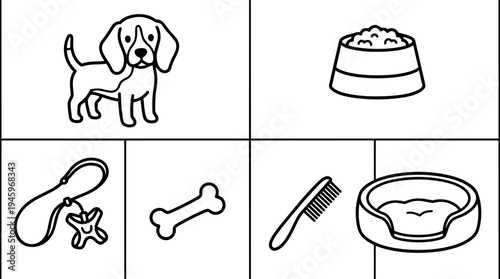 Simple black and white line art dog with bowl leash bone comb and dog bed icons set vector illustration style