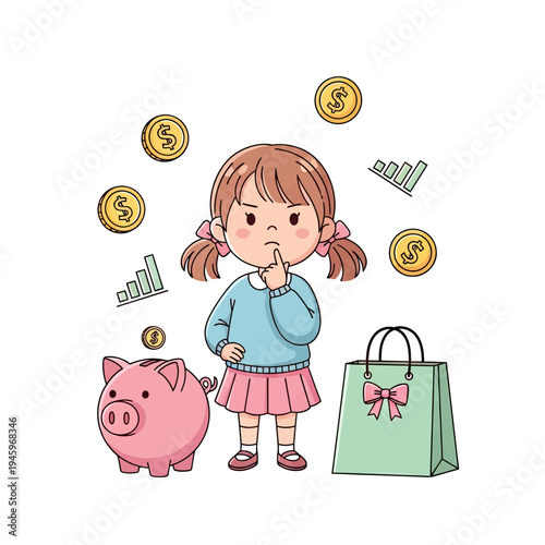 Thoughtful young girl considering financial planning, saving money, or spending for future goals