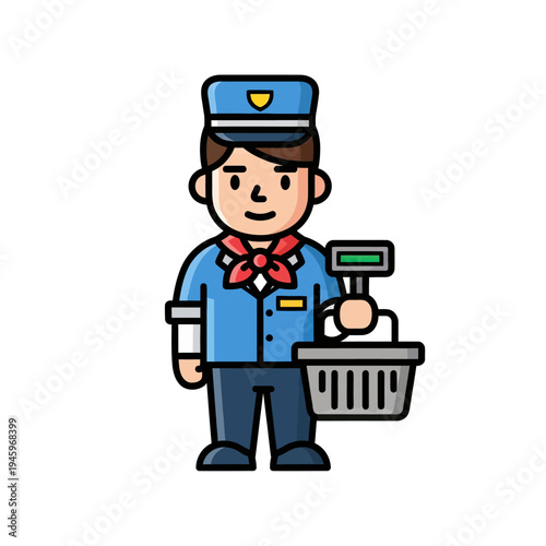 Friendly Retail Store Employee Holding Shopping Basket and Scale Icon
