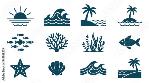 Collection of marine life and beach icons featuring tropical islands, waves, seashells, fish, coral, starfish, and palm trees for summer themes