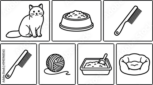 Black and white line art set of cat sitting food bowl comb ball of yarn litter box and pet bed simple pet care items collection