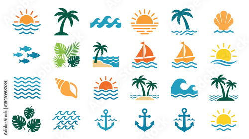 Doodle Set of Tropical Beach and Ocean Icons for Summer Vacation and Holiday Designs