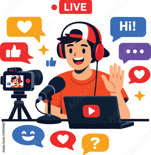 Social Media Influencer Live Streaming Cartoon Illustration