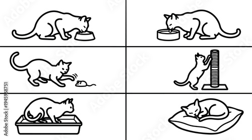 Black line art vector cats eating drinking playing scratching litter box and sleeping on pillow illustrations