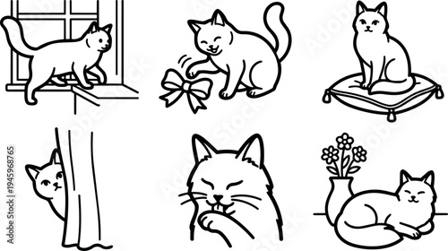 Black line art vector illustration of playful and relaxing cats in different poses with home interior elements included