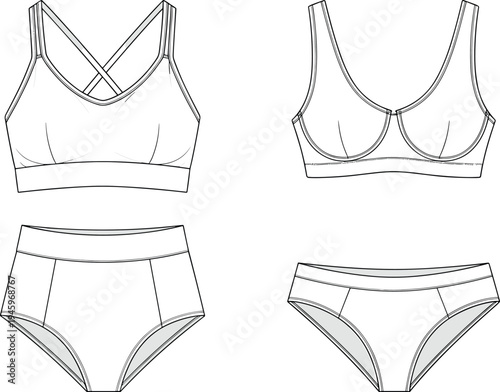 Lingerie set technical cad drawing flat vector illustration with cross back sports bra high waisted briefs and classic bikini underwear