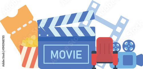 Cinema and Movie Elements Flat Clip Art Set Popcorn Ticket Clapperboard