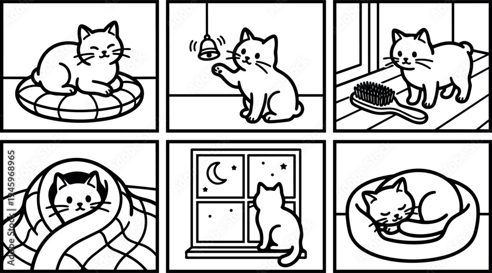 Fototapeta premium Black and white line art six panel comic showing playful and resting cat with bell brush window blanket bed illustrations