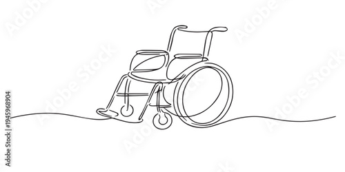 Continuous line drawing of an empty wheelchair in side view. One line drawing for disability awareness, healthcare support, accessibility, and mobility concept.