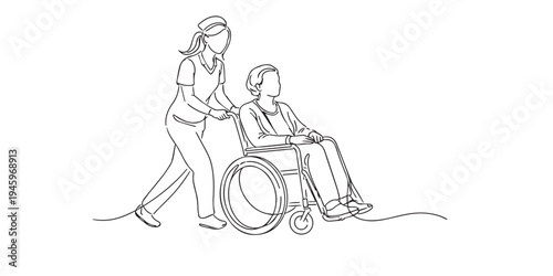 One line drawing of a nurse pushing a patient in a wheelchair. Hand drawn continuous line expressing care, support, compassion, and healthcare assistance.