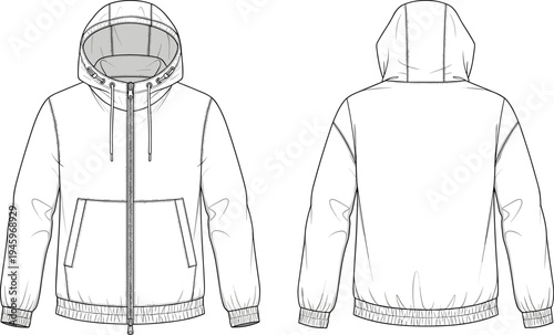 Zip up hoodie jacket technical cad drawing flat vector illustration with elastic cuffs kangaroo pockets and adjustable drawstring hood for fashion