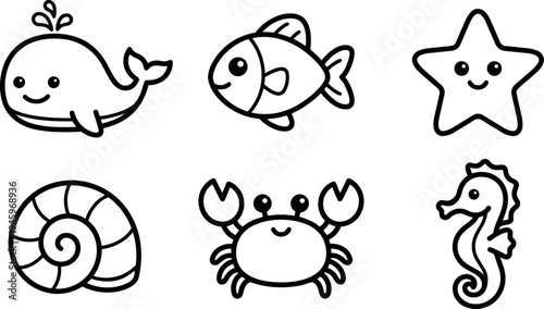Cute cartoon style whale and fish star crab shell seahorse smiling vector illustration outline icons set