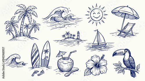 Collection of Tropical Vacation Doodle Icons Featuring Palm Trees, Sun, Waves, and Beach Elements