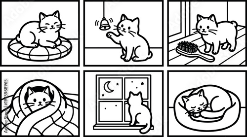 Black and white line art six panel comic showing playful and resting cat with bell brush window blanket bed illustrations