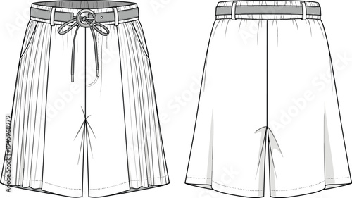 Pleated bermuda shorts technical cad drawing flat vector illustration with belted waist circular buckle and wide leg silhouette for fashion