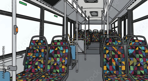 Interior of a modern bus with colorful seats