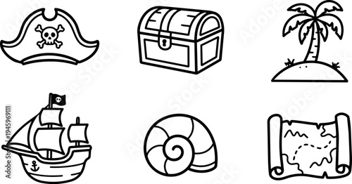 Simple black line art pirate hat treasure chest palm tree sailing ship shell island map icons set