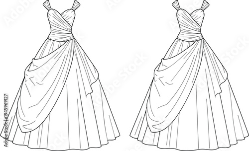 Elegant bridal ball gown technical cad drawing flat vector illustration with off shoulder straps sweetheart neckline and draped pleated full skirt