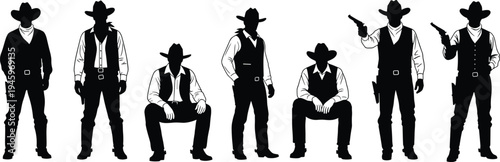 Cowboy silhouettes western culture, men in hats, boots vests holsters, standing seated poses, pistol action, wild west vector art
