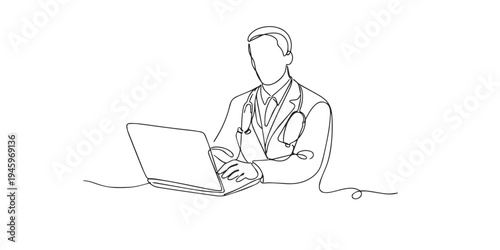 One line drawing of a doctor working on a laptop. Hand drawn continuous line expressing digital healthcare, focus, professionalism, and modern medical practice.