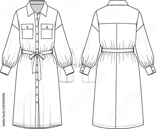 Belted utility shirt dress technical cad drawing flat vector illustration with balloon sleeves chest flap pockets and button front design