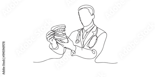 One line drawing of a dentist holding a teeth model. Hand drawn continuous line expressing dental care, education, hygiene awareness, and professional healthcare.